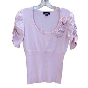 BCX Women's Pink Short Sleeve Scoop Neck Sweater w/ Floral Embellishment Size L